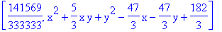 [141569/333333, x^2+5/3*x*y+y^2-47/3*x-47/3*y+182/3]